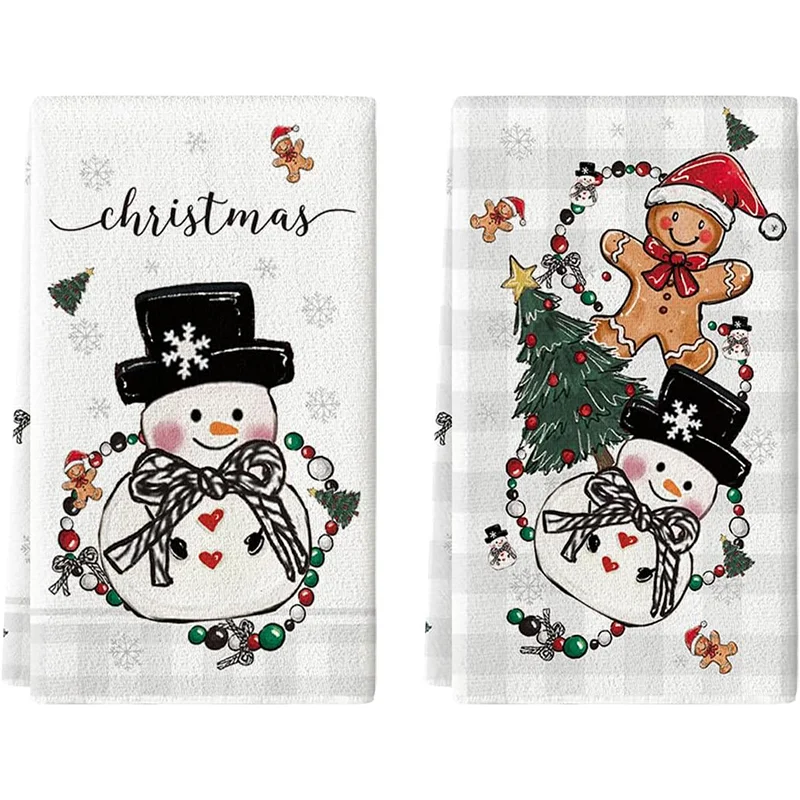 2Pcs, Christmas Snowman and Gingerbread Man Kitchen Towels, 40Cm*60Cm Towel Set, Super Absorbent Soft Cleaning Cloth, Cooking and Baking Tea Towel, Tea Towel, Hand Towel, Cleaning Cloth, Dishcloth, Kitchen Decoration, Living Room Decoration, Kitchen Essentials, Home Essentials