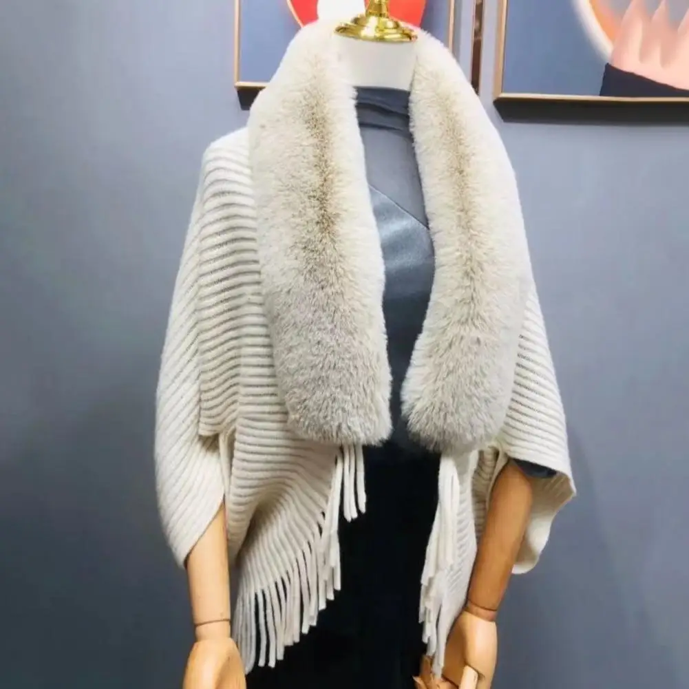 Women Winter Shawl Imitation Rabbit Fur Collar Sweater Solid Color Cardigan Knitted Wool Shawl Sweater Top Elegant Banquet Shawl