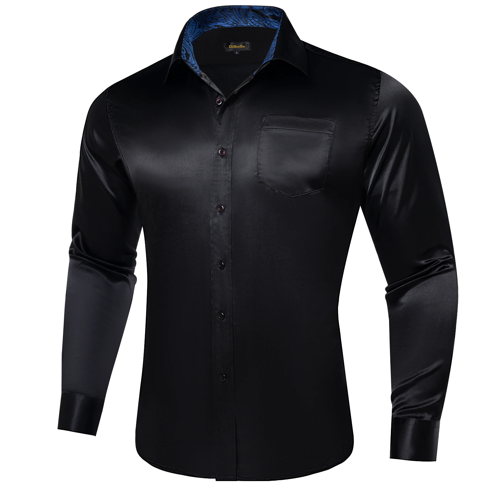 Satin Solid Black Men\'s Shirt with Blue Paisley Patchwork Collar Cuff Fashion Casual Polyester Long Sleeve Dress Shirts for Men