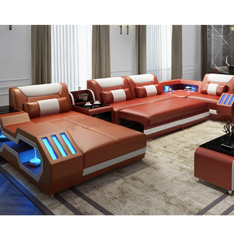 Functional Living Room Comfortable Genuine Leather Sofa Large Type LED Creative  Combination  Style Leisure  Customization ly09