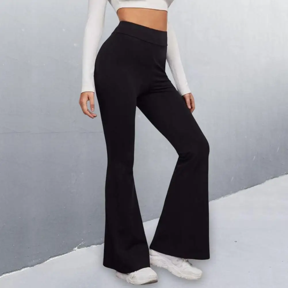 High-Waist Elastic Waistband Control Tummy Lady Trousers Women Solid Color Sports Flared Lady Slim Stretchy Flare Pants