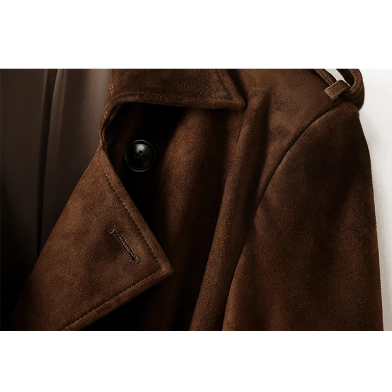 100 % echtes Leder Trenchcoat Damen High Luxus Ziegenleder Wildleder Retro Braun Kaffee Verlängern Schnürung Zweireiher Trenchcoat