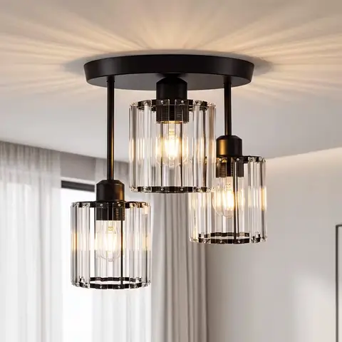 Contemporary Semi-Flush Ceiling Light, Three-Bulb Pendant Fixture with E26 Base, Crystal Chandelier Suitable for Bedrooms, Living Rooms