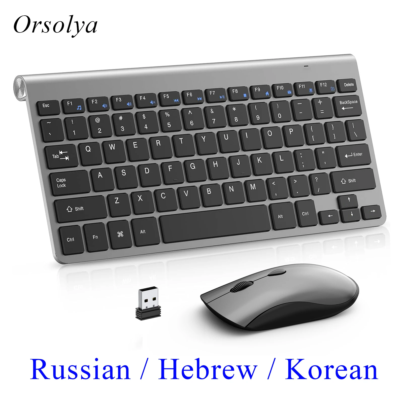 Mini bezprzewodowa klawiatura i mysz 2.4G Przenośne ciche myszy Rosyjski koreański hebrajski zestaw klawiatury amerykańskiej do laptopa Mac PC TV Box