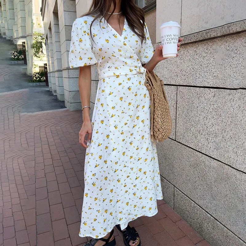 

Talenza Casual Women's Summer Dress Elegant V Neck Floral Print A Line Midi Dress Side Slit Long Elegant White Dress Women 2024