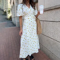 Talenza Casual Women's Summer Dress Elegant V Neck Floral Print A Line Midi Dress Side Slit Long Elegant White Dress Women 2024