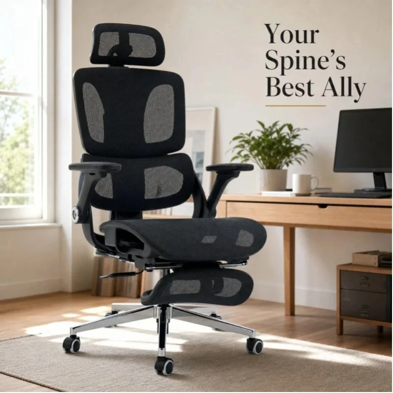 Ergonomischer Bürostuhl mit 4D-Armlehnen, verstellbarer Kopfstütze und Sitztiefe, Mesh Schwarz