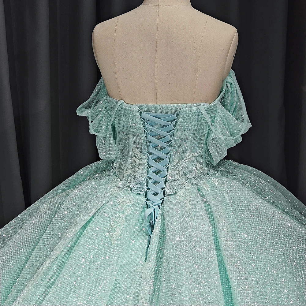 Espartilho vestido de baile 2025 tule renda colher fora do ombro até o chão personalizado quinceanera anos vestido transporte da gota dy9995