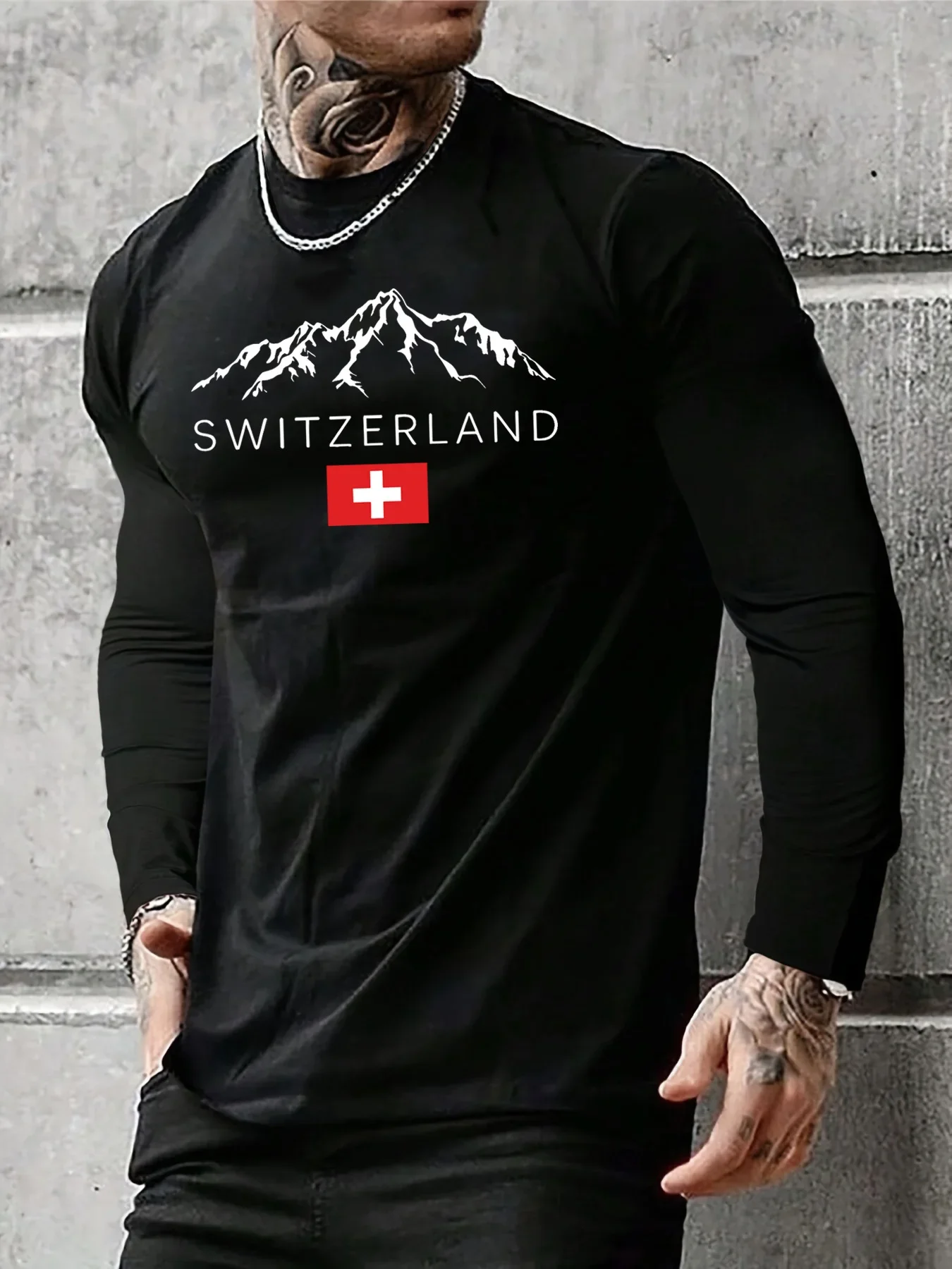 Men's Loose and Comfortable Casual Swiss Snow Mountain Pattern Printed Round Neck Long Sleeved T-Shirt Top