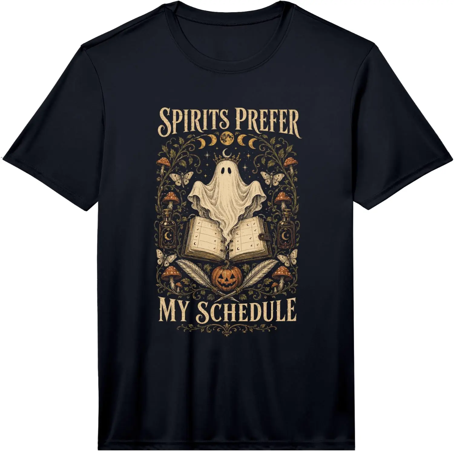 Men's Spirits Prefer My Schedule Funny Halloween Ghost Planner Performance T-Shirt Men's Spooky Halloween Graphic Print T‑Shirt, Crew Neck Short Sleeve Casual Cotton Tee For Holiday Party Daily Street Wear.