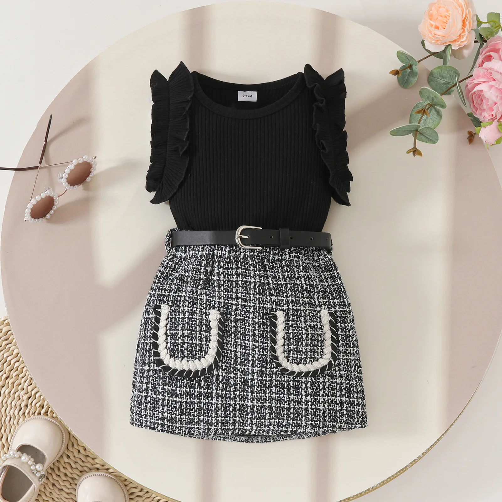 

3PCS Summer Baby Girls 0-5 Years Old Soft and Comfortable Black Pit Strip Flying Sleeve Short Sleeve + Woolen Skirt Casual Suit