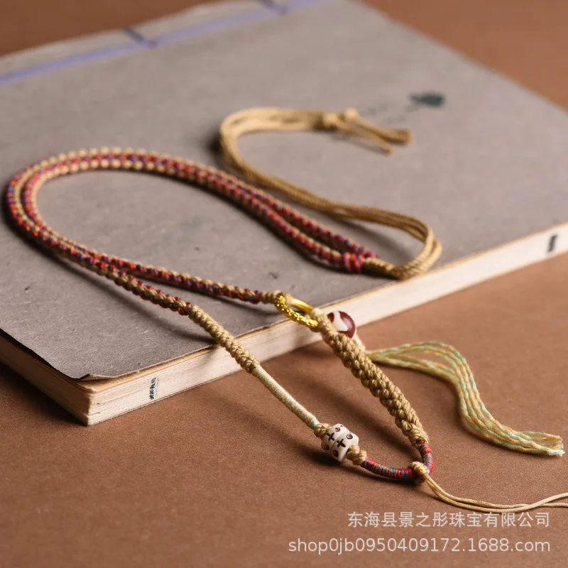 Hand-Woven Tibetan Style Pendant Rope Thangka Zachilam Tibet Beads Men and Women Hand Rub Cotton String Necklace Rope Tibetan St