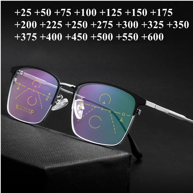 

Men's Titanium Reading Glasses Fashion Black Frame Progressive Multifocal Presbyopic Glasses UltraLight Flexible Temples Eyewear