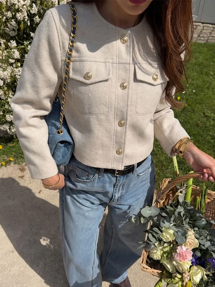 

HH Womens Fashion Beige O Neck Button Cropped Jacket Pockets Long Sleeve Top High Street Casual Elegant Party Vacation Coat