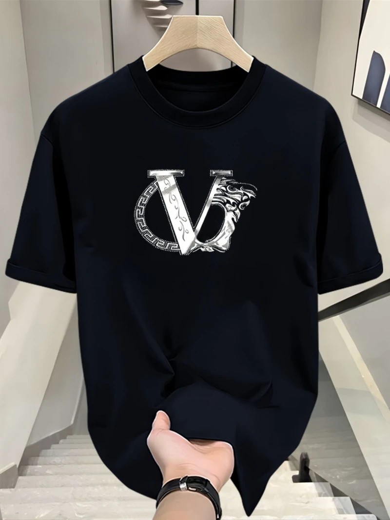 Men's Black Luxury Inspired T-Shirt, Silver Medusa Head & V Logo Print, High Street Casual Streetwear Tee
