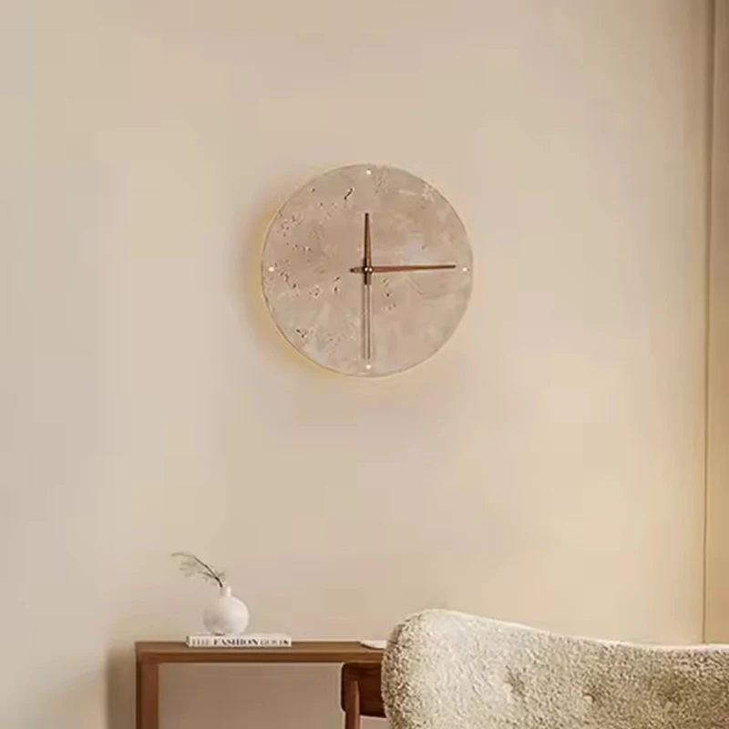 Nordic Wabi Sabi Circular Marble Wall Sconce Light Yellow Travertine Creative Living Room Hotel Corridor Clock Lamp Home Decor