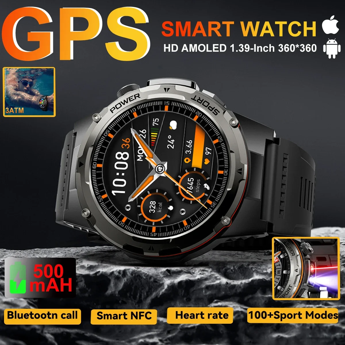 

2025 New Outdoor Military Smart Watch Men GPS Trackr IP68 Waterproof 500mAH Health Monitor Bluetooth call Sports Laser Bracelet