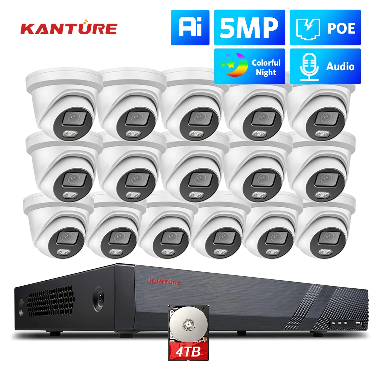 KANTURE 16CH 4K POE NVR Kit CCTV Security Camera System 5MP Colorful Night Vision Indoor Outdoor Audio Video Surveillance Kit