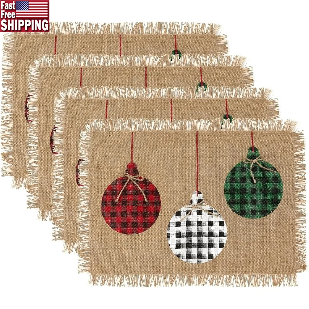 

Rustic Burlap Placemats Set of 4 Holiday Buffalo-Check Table Decor 13x19 Inches Durable Easy Care Christmas Dining Accessories