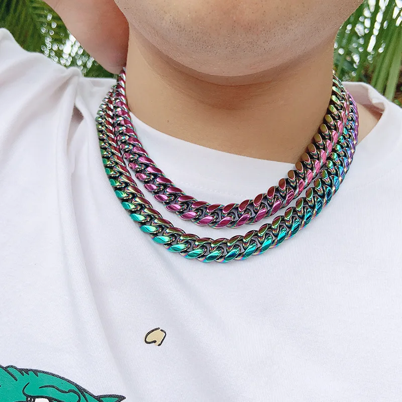 12mm 316L Stainless Steel Colorful Rainbow Miami Cuban Chain Necklace Polishing  Vintage Luxury Jewelry Unisex Neck Links Gift