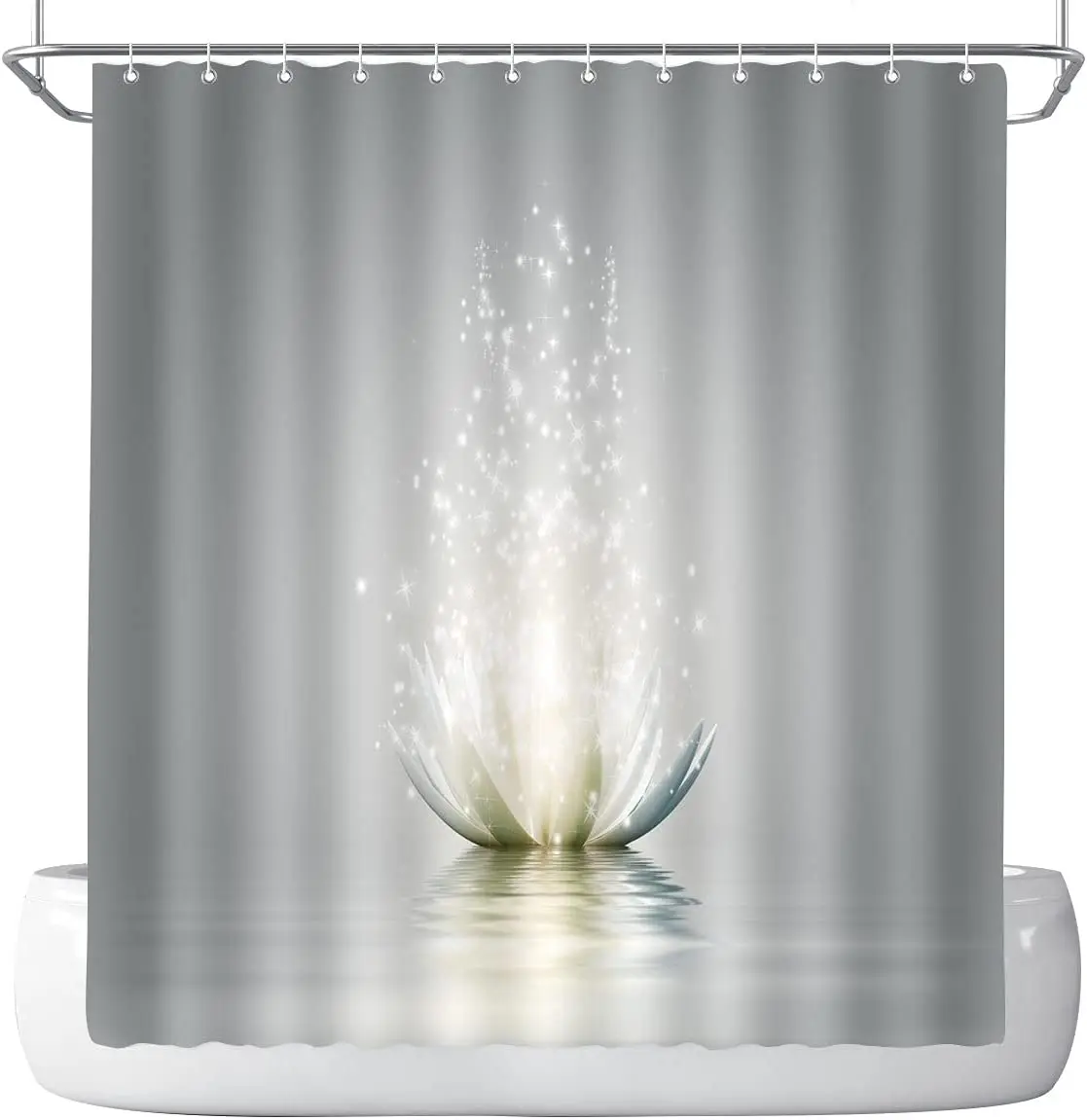 White Lotus Shower Curtain Zen Meditation Spa Decoration Gray Gradient Elegant Bathroom Gifts Ladies Girls Curtains with Hooks