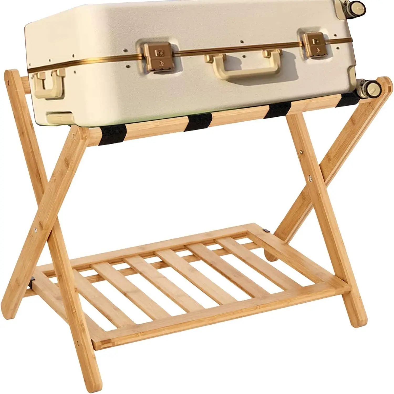 

Folding Luggage Ra For Guest Room,Foldable Luggage Racks For Suitcase Stand With Storage Shelf,Luggage Stand Natural Bamboo