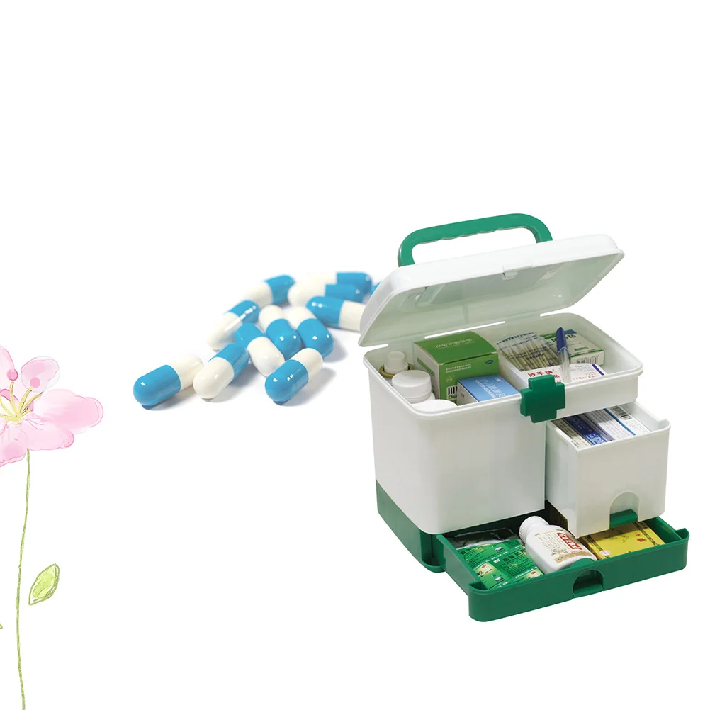 Handheld Multi-Tier Plastic Medical Organizer with Internal Compartments Quick Access Drawer Aid Kit for Camping