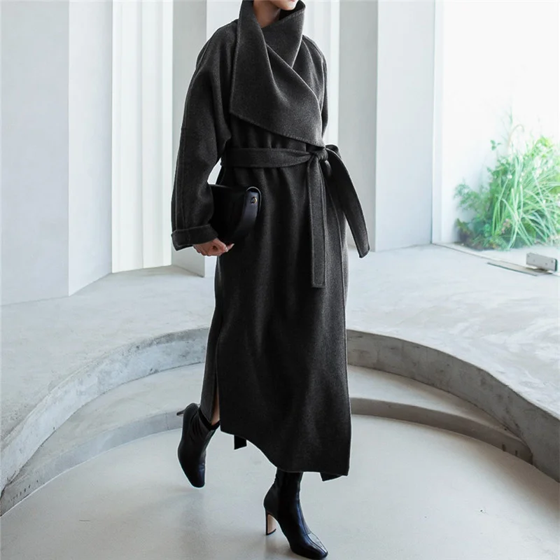 

Loose Woolen Coats For Women High Street Long Length Belt Coat Female Luxury Clothing 2022 Autumn Winter New H359