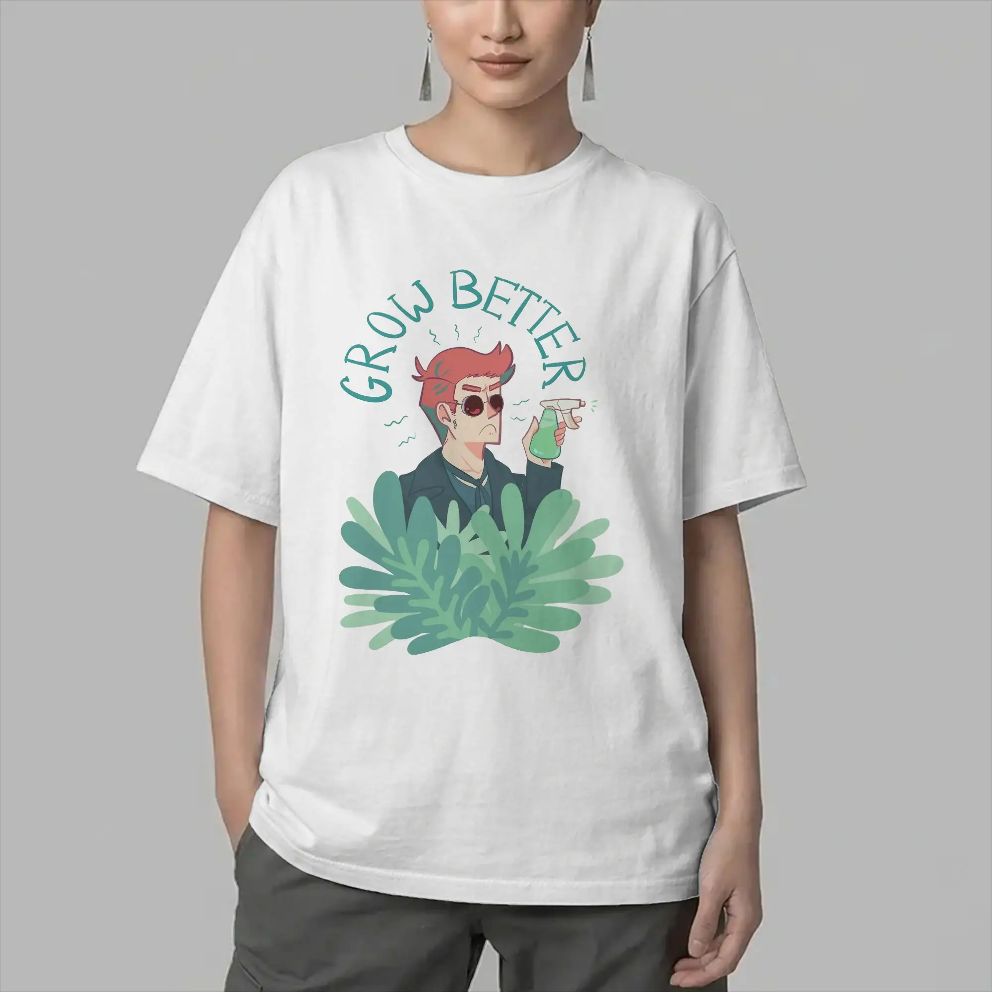 Good Omens T-Shirts Men Crowley and Plant Funny 100% Cotton Tee Shirt Round Collar Short Sleeve T Shirt Party Clothes