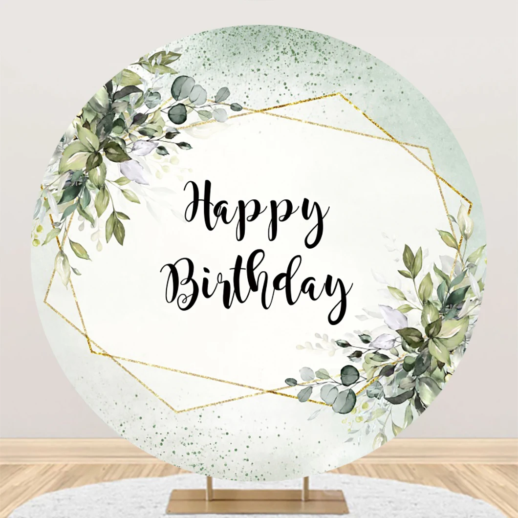 Happy Birthday Party Round Backdrop Cover Gold Frame Green Leaf Flower Adult Birthday Custom Circle Photography Background Decor