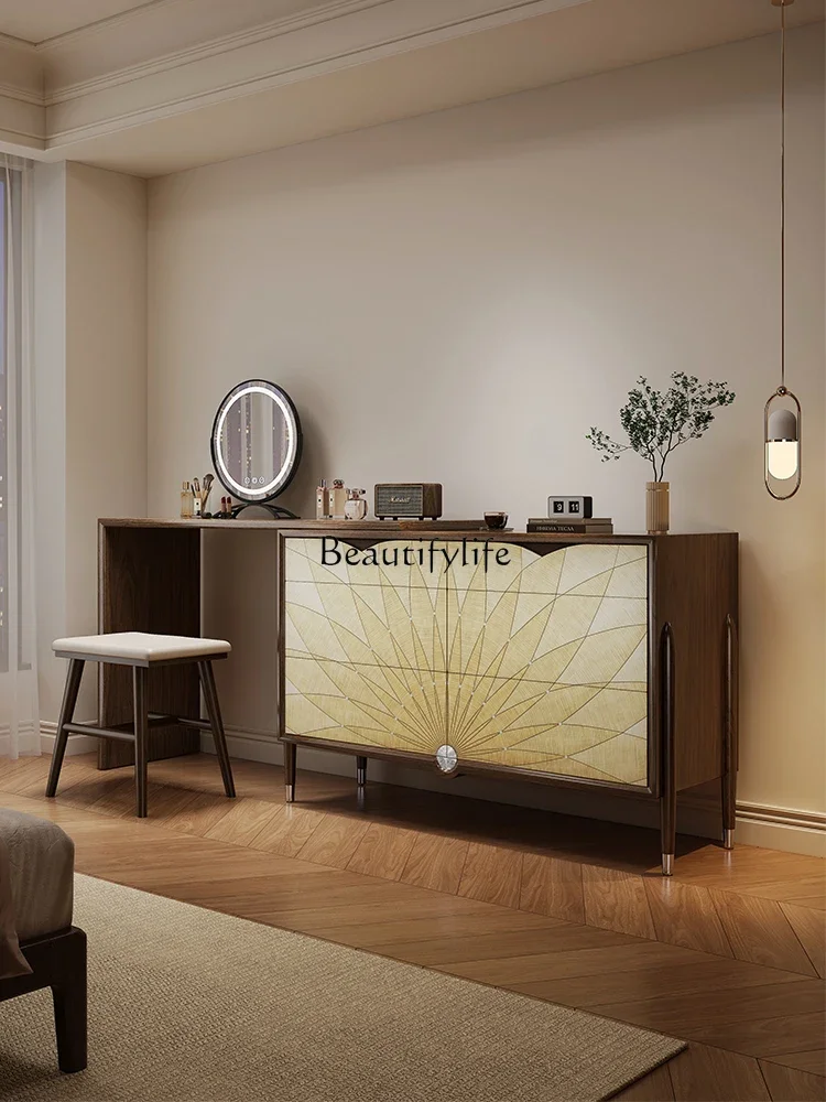 

FG44Solid wood makeup table black walnut modern retractable dresser chest integrated bedroom storage bedside table