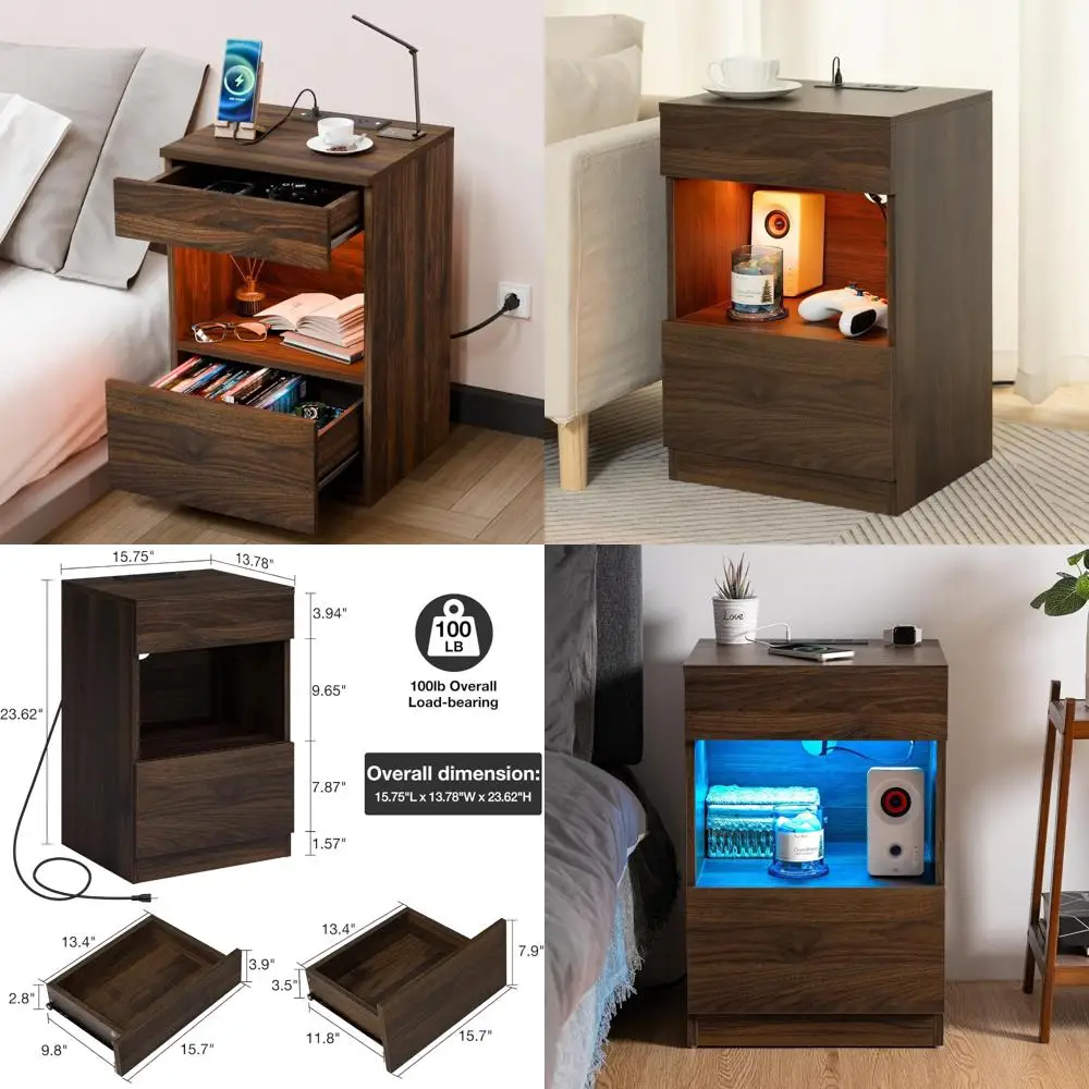 

dark walnut 2-drawer led nightstand with charging station and storage