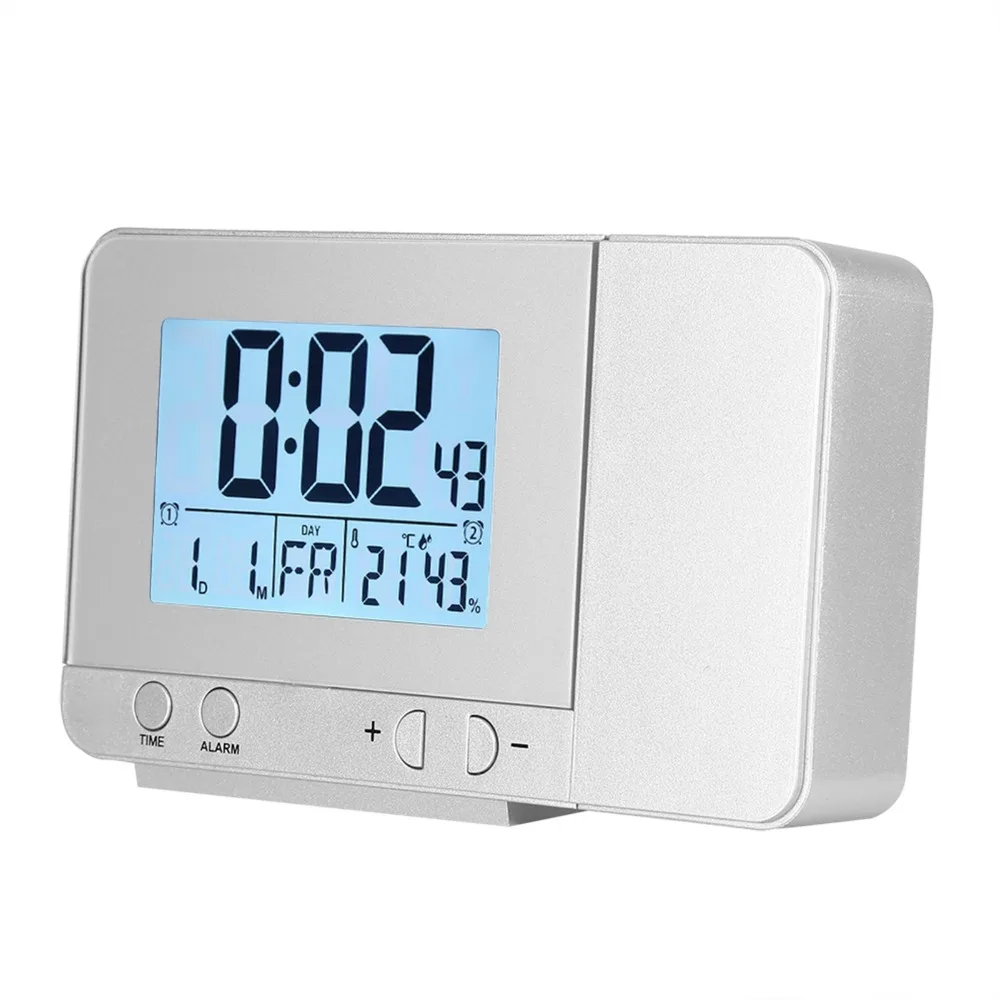 Plastic rotatable projection alarm clock 180° adjustable projection head Silver USB charging digital desk clock