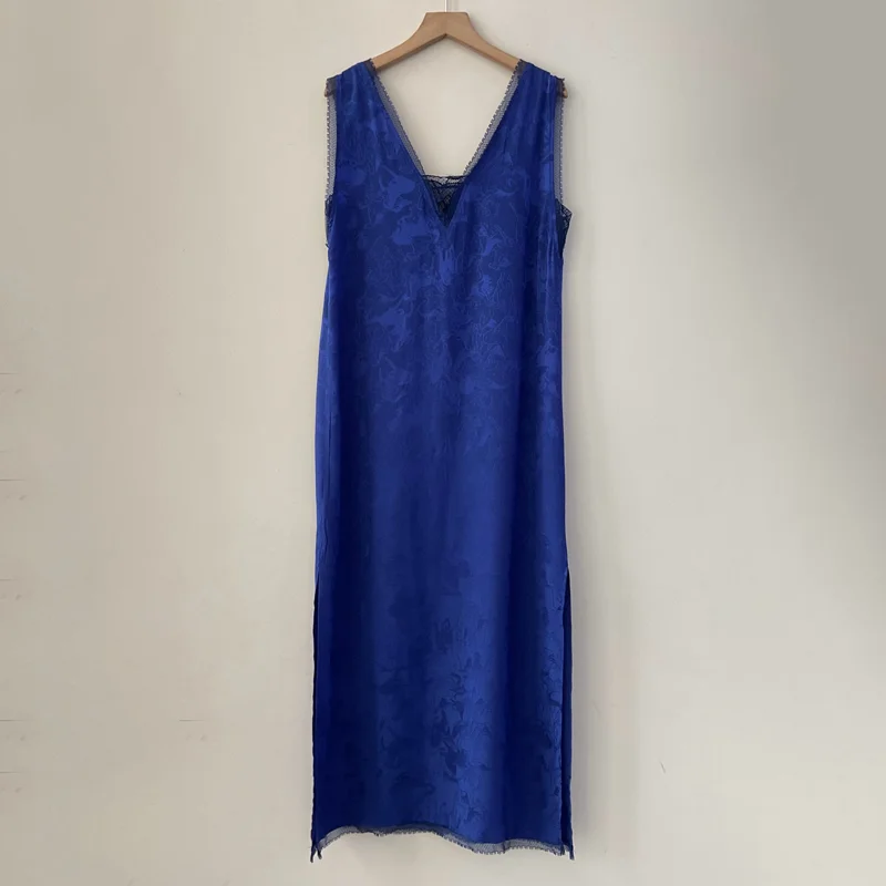 ブルードレス女性レースパネルVネックローブ馬ジャカードジュープ女性ドレスカジュアルスリットヘムローブレディースルーズロングジュープ