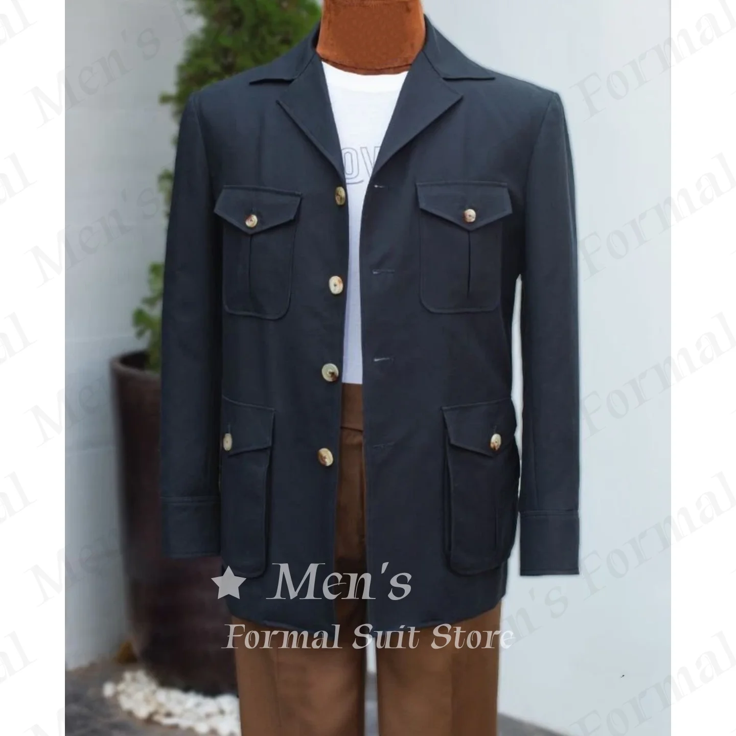 Navy Blue Four Flap Pockets Safari Jacket Men Lapel Collar Single Breasted Casual Blazer Outdoor Daily Only Coat Customized
