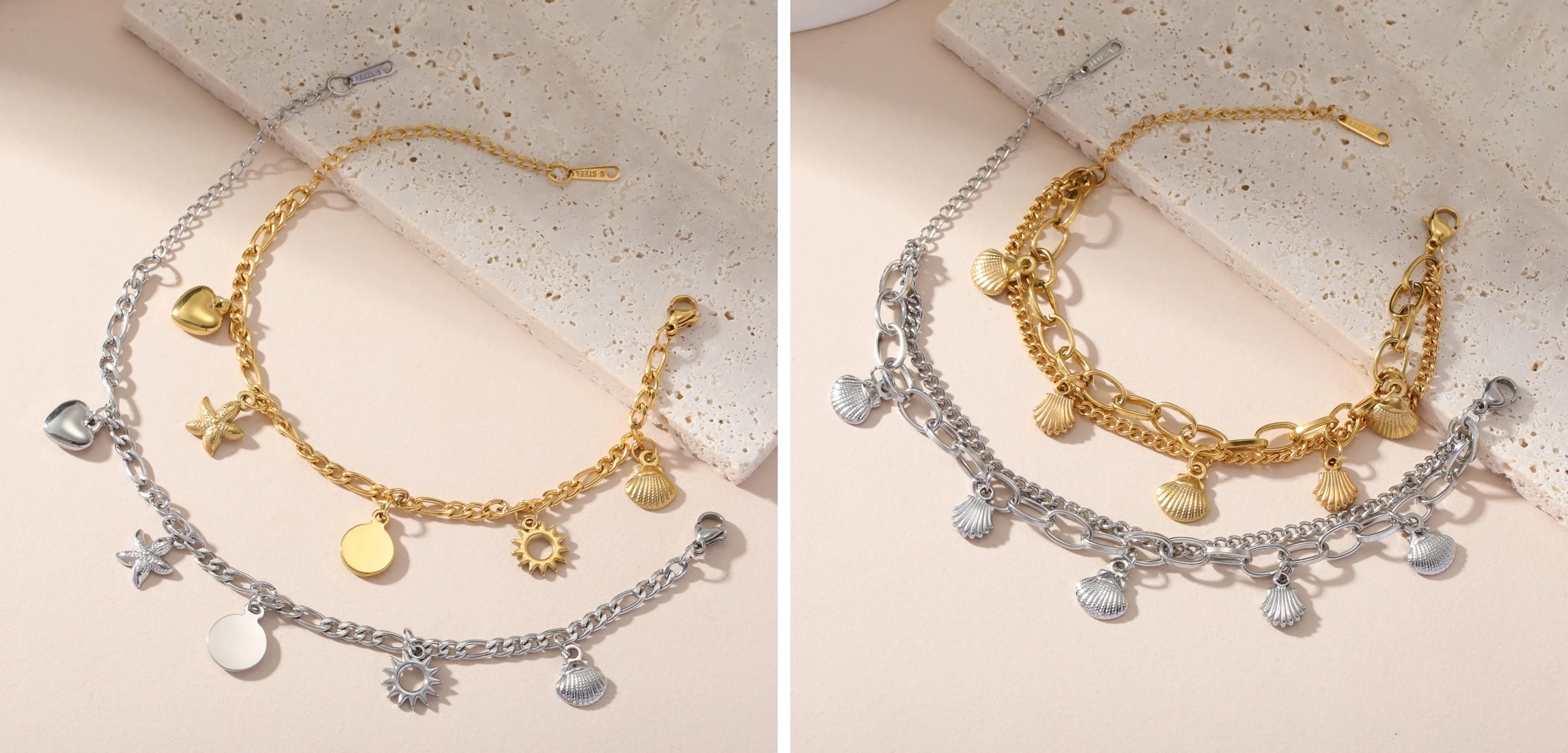 Kkjoy Mode Edelstahl Gold Farbe Doppel Schichten Shell Armband Für Frauen Herz Seestern Charms Schmuck Geschenk Für Frauen – Detail 4