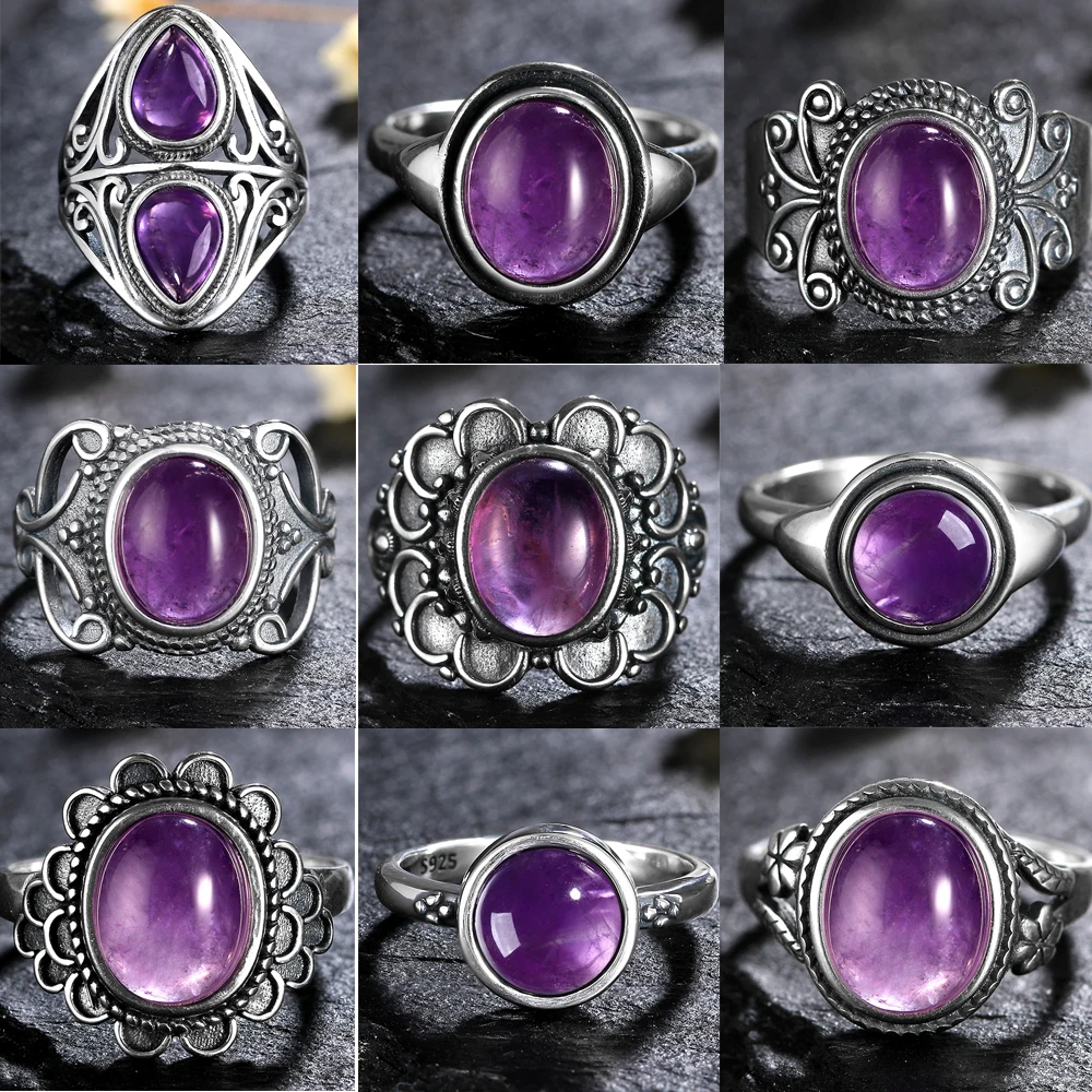 925 Silver Rings Natural Amethyst Gemstone Rings for Women Wedding Bands Anniversary Gift Fine Jewelry