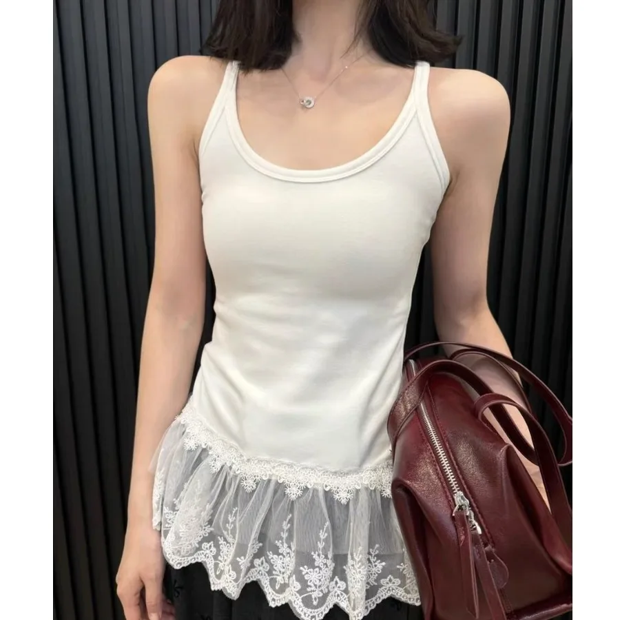 White Lace Hem Splice Strap Vest Women's Atmosphere Layering Inner Match Butt Curtain Waist in Sexy Sleeveless Tops