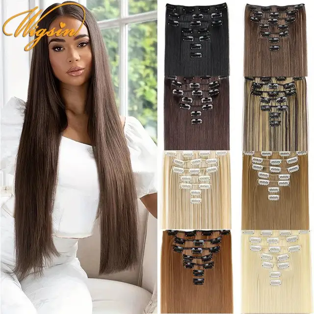 WIGSIN 24 Cal syntetyczne 7 sztuk/zestaw długie proste włosy do przedłużania 16 klipsów fryzura czarny blond treska dla kobiet