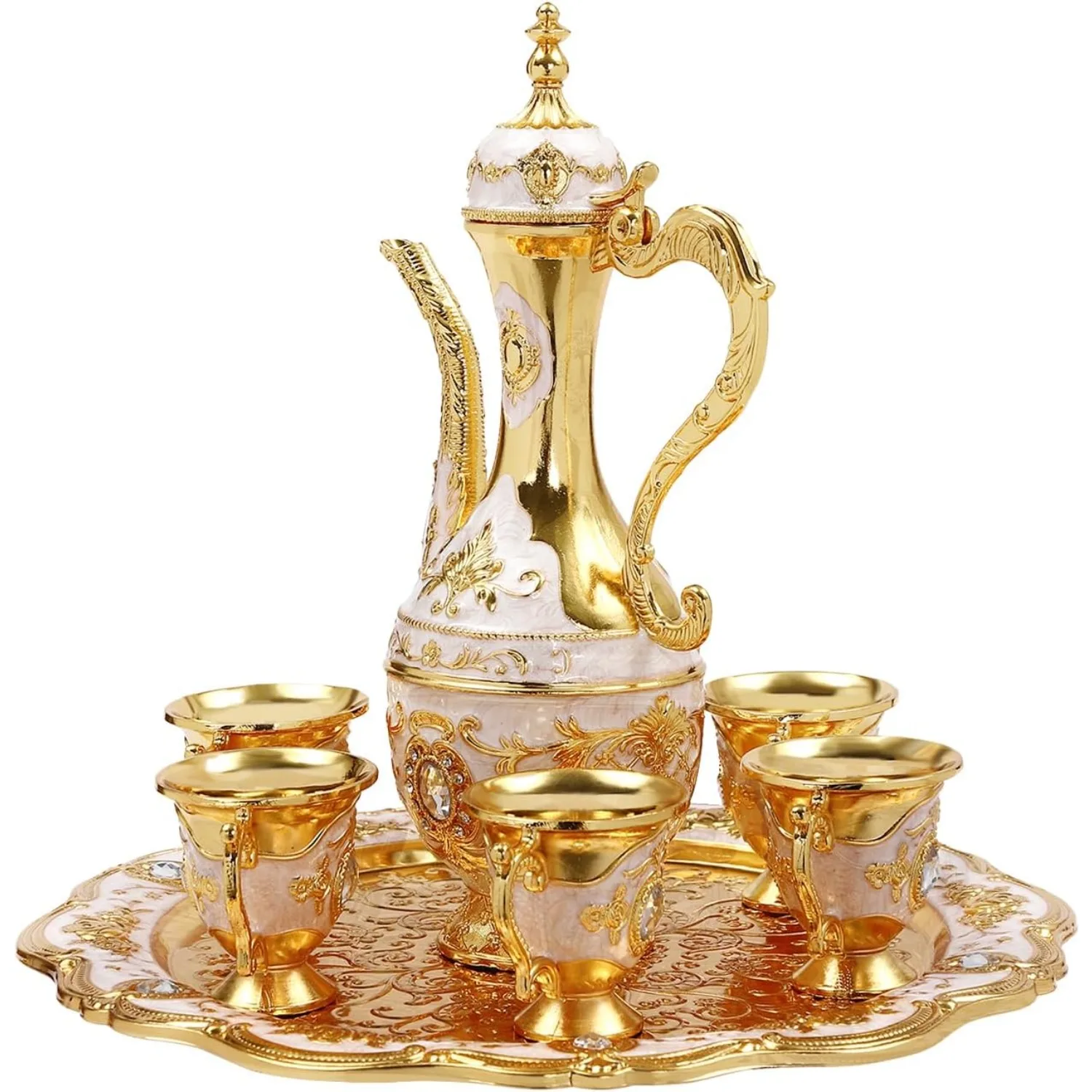 

Чайный сервиз, винтажный набор чашек для турецкого кофе и чая с горшком и 6 чашками с 6 чашками и подносами, античная резьба, большая вместимость