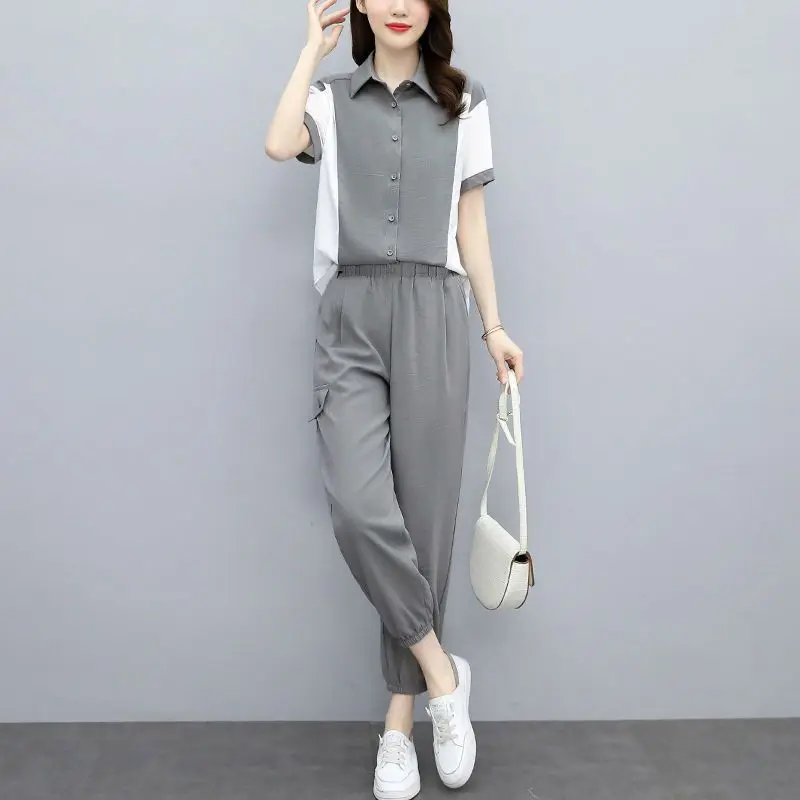 

Elegant Fashion Harajuku Slim Fit Female Clothes Loose Casual All Match Button Short Sleeve Blusa Solid Trousers Two Piece Set