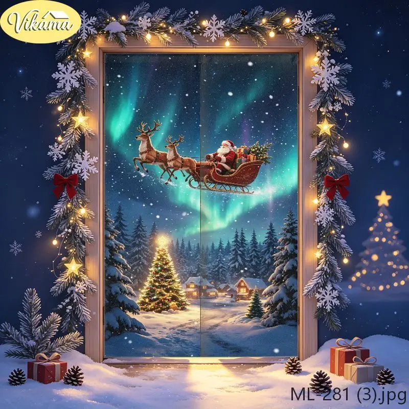 VIKAMA Christmas Aurora Reindeer Sleigh Santa Door Curtain Northern Light Night Sky Elk Pulling Claus Winter Town Tree Gift Soft