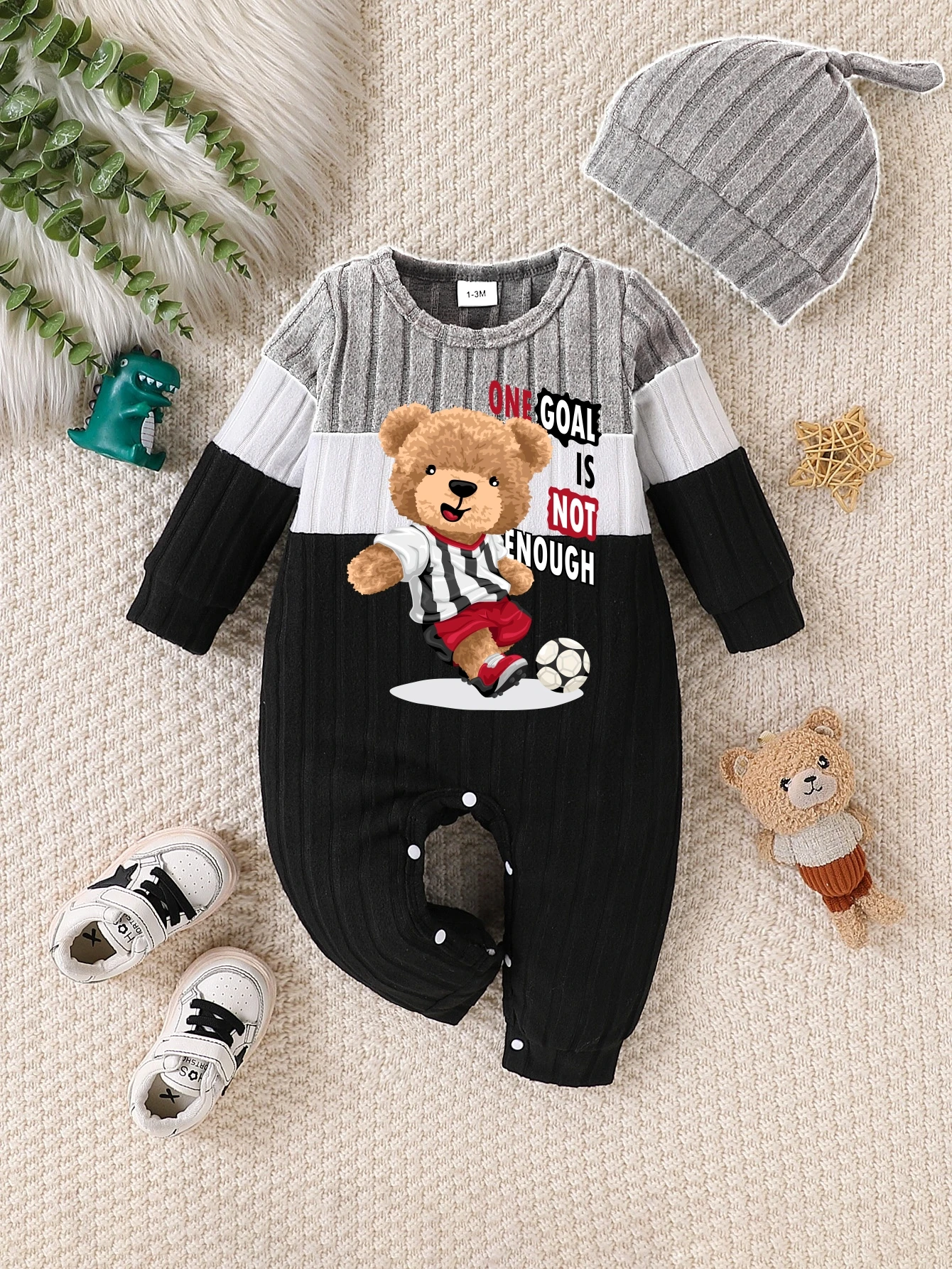 2-teiliger gerippter Neugeborenen-Strampler mit Mütze, Cartoon-Print, Farbblock-Design, Langarm-Baby-Jumpsuit-Set für Jungen von 0-18 Monaten – Detail 10