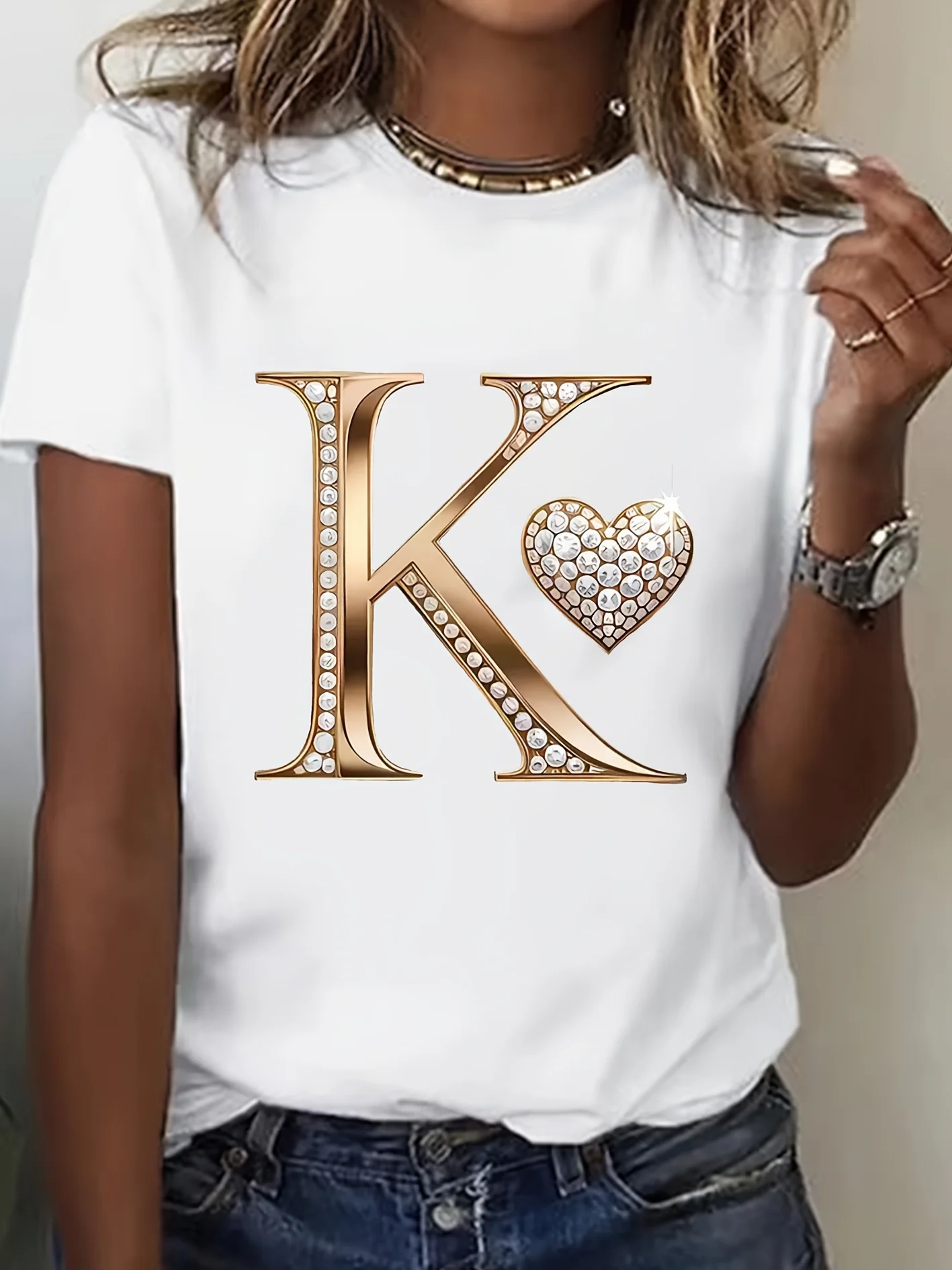 Letter K T Shirt Women Gold Monogram Graphic Tee Cute Heart Rhinestone Print Luxury Aesthetic Casual Short Sleeve Summer Tops