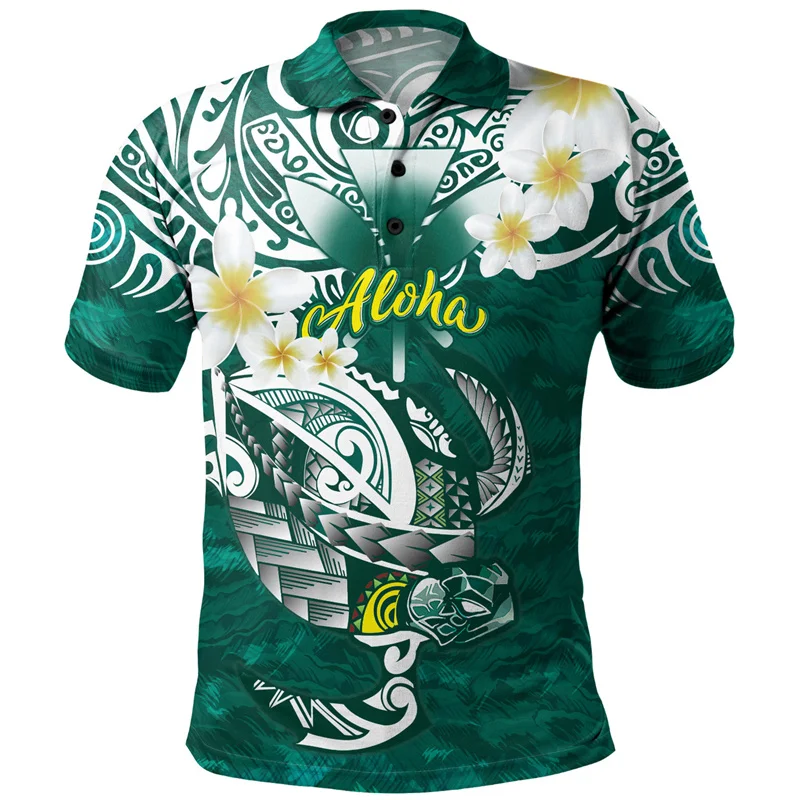 Polynesian Tribal Pattern Polo Shirt Men 3d Print Hawaiian Lapel Short Sleeves Oversized Button Tees Casual Streetwear T-Shirt