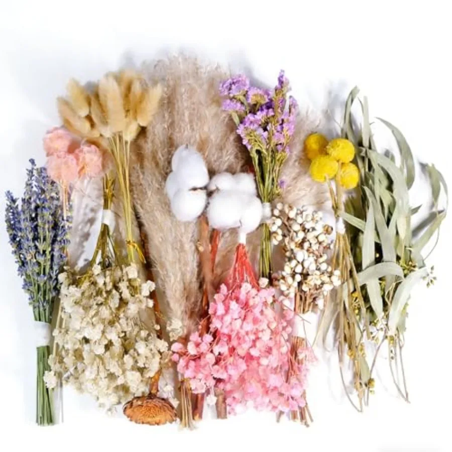Set de 12 Tipos de Flores Secas Naturales, Flores Secas a Granel para Jarrones, Mini Ramos de Flores Secas, Flores Secas con Tallos para Manualidades