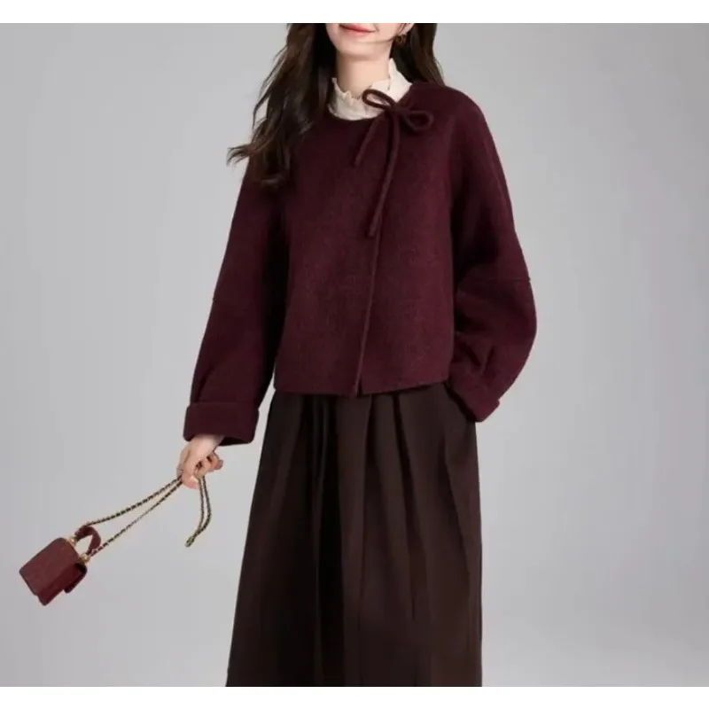 

New Double-layer Solid Color Woolen Women's Jacket Short Hepburn Style Versatile Round Neck Loose Lace-up Jacket