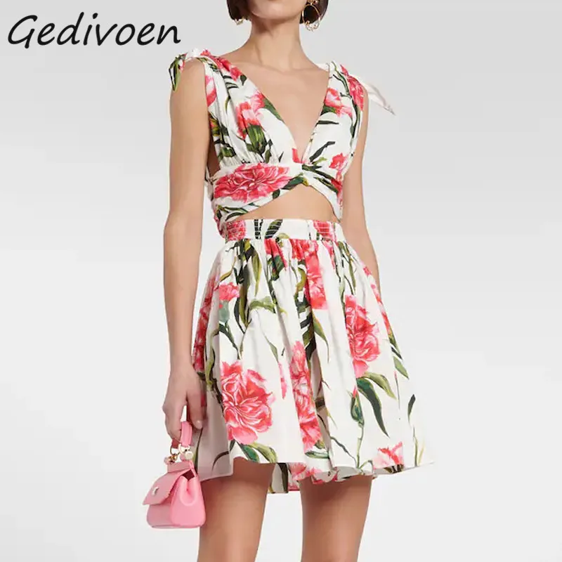 Gedivoen Summer Fashion Designer Cotton Dress Women's V-Neck Bandage Exposed Navel Elastic Waist Floral Print Mini Short Dress