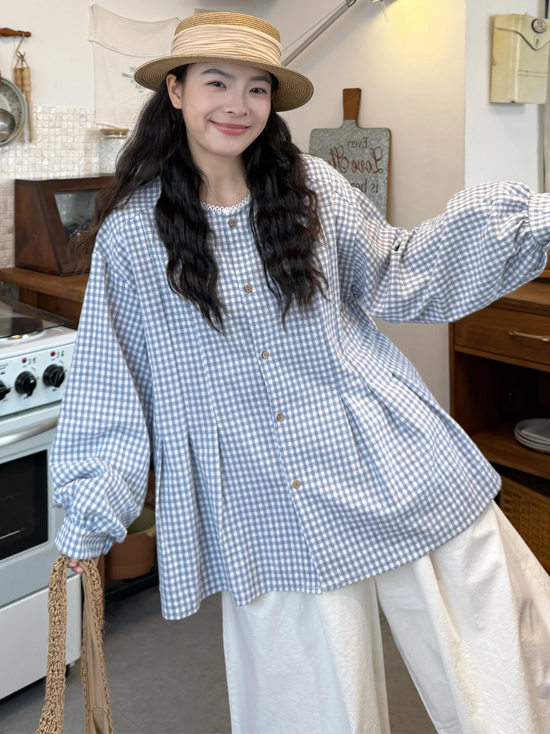 

plus Size Women's Spring New Sle irt Floral Lace Collar Loose Slimming Young-looking Plaid Top Korean Sle Long Sve