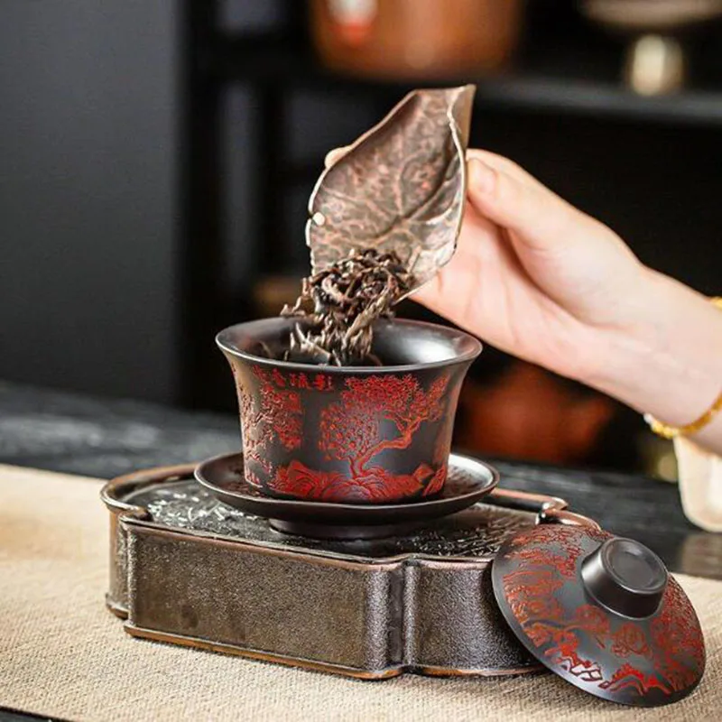 Yixing Purple Clay Floral Sancai Gaiwan Kungfu Tea Cup Tea Maker Cover Bowl Chinese Style Ceramic Crafts Teaware Set
